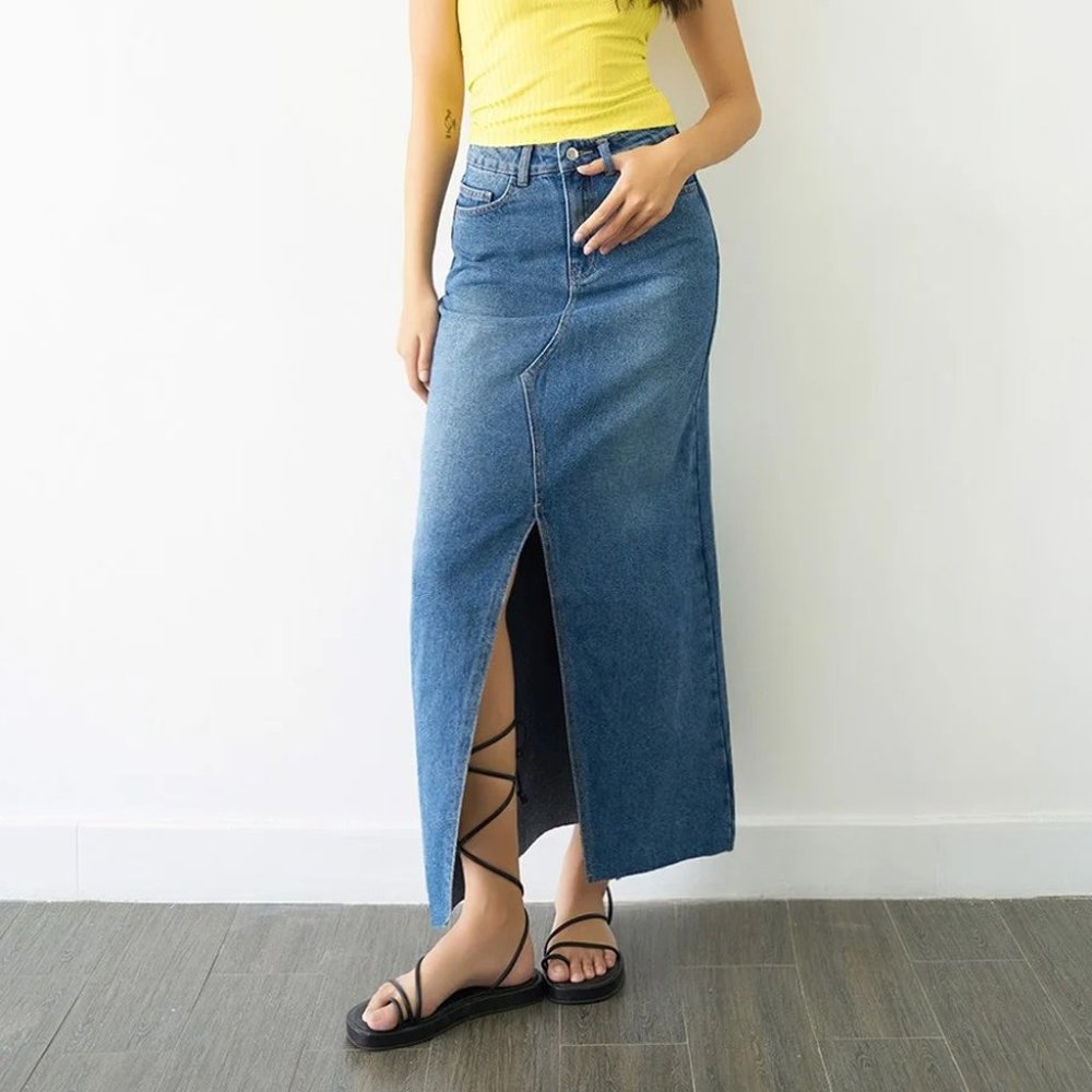 Front Split Denim Long Skirt Dark Blue - S0148